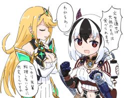 Rule 34 | 2girls, bare shoulders, blonde hair, breasts, chest jewel, cleavage, cleavage cutout, clothing cutout, crossette (xenoblade), dress, earrings, elbow gloves, gloves, horns, jewelry, large breasts, long hair, multiple girls, mythra (xenoblade), paskmel, short dress, simple background, swept bangs, tiara, translation request, very long hair, white dress, white gloves, xenoblade chronicles (series), xenoblade chronicles 2, yellow eyes