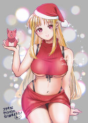 Rule 34 | 1girl, 2022, arf, bikini, bikini under clothes, blonde hair, breasts, character doll, christmas, closed mouth, commentary, cropped sweater, dated, female focus, front-tie bikini top, front-tie top, halterneck, hat, highleg, highleg bikini, highres, holding, holding stuffed toy, japanese text, large breasts, long hair, looking at viewer, miniskirt, navel, nun (nun lily), original, pencil skirt, red eyes, red hat, red skirt, red sweater, ribbed skirt, ribbed sweater, santa hat, sidelocks, sitting, skirt, sleeveless, sleeveless sweater, smile, solo, sparkle, string bikini, stuffed fox, stuffed toy, sweater, swimsuit, tilted headwear, translated, turtleneck, turtleneck sweater, twitter username, underboob