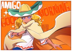 Rule 34 | 1girl, amamiya elena, artist request, blonde hair, dark skin, dark-skinned female, denim, denim shorts, english text, eyelashes, good morning, happy, hat, long hair, long sleeves, looking at viewer, mexico, mexico, orange background, poncho, precure, purple eyes, shirt, shorts, sketch, smile, solo, sombrero, source request, standing, star twinkle precure