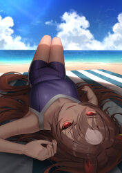 Rule 34 | 1girl, animal ears, arm at side, arm rest, arm up, beach, beach towel, breasts, brown hair, cleavage, commentary request, day, fingernails, foreshortening, hair between eyes, highres, horse ears, horse girl, horse tail, knees up, light smile, long hair, looking at viewer, lying, medium breasts, motsushi, multicolored hair, ocean, on back, one-piece swimsuit, outdoors, parted lips, red eyes, ringed eyes, sand, shade, signature, sirius symboli (umamusume), solo, sweat, swimsuit, tail, tan, towel, tracen swimsuit, umamusume, v-shaped eyebrows, very long hair, water, watermark