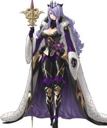 Rule 34 | 1girl, armored boots, boots, breasts, camilla (fire emblem), cape, cleavage, curly hair, fire emblem, fire emblem fates, fire emblem heroes, full body, fur trim, gloves, grey background, hair over one eye, highres, kozaki yuusuke, large breasts, long hair, nintendo, non-web source, official art, red eyes, solo, staff, tiara, transparent background