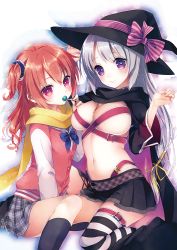 Rule 34 | 2girls, ayachi nene, belt, blush, breasts, candy, cleavage, food, hat, inaba meguru, jacket, large breasts, letterman jacket, lollipop, long hair, multiple girls, namanie, navel, official art, purple eyes, red eyes, red hair, sanoba witch, scarf, scrunchie, short hair, silver hair, sitting, skirt, smile, striped clothes, striped legwear, striped thighhighs, thighhighs, two side up, witch hat, yuzu para, zettai ryouiki