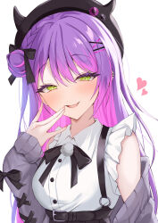 1girl absurdres black_hat black_skirt blush cardigan colored_inner_hair green_eyes grey_cardigan hair_bun hair_ornament hairpin hat heart highres hololive kuon_(kuon) long_hair looking_at_viewer multicolored_hair nail_polish official_alternate_costume open_mouth pink_hair pink_nails purple_hair shirt skirt smile solo streaked_hair suspender_skirt suspenders tokoyami_towa tokoyami_towa_(jirai_kei) very_long_hair virtual_youtuber white_background white_shirt x_hair_ornament