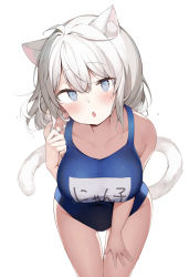 Rule 34 | 1girl, absurdres, ahoge, animal ear fluff, animal ears, bare shoulders, blue eyes, blue one-piece swimsuit, blush, breasts, cat ears, cat girl, cat tail, chestnut mouth, commentary request, cowboy shot, hair between eyes, hand on own thigh, highres, large breasts, leaning forward, long hair, looking at viewer, name tag, one-piece swimsuit, original, shin no tenpii, simple background, solo, standing, swimsuit, tail, thigh gap, white background, white hair