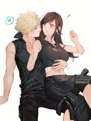 Rule 34 | !, 1boy, 1girl, arm ribbon, arm support, artist name, black pants, black shirt, blonde hair, brown hair, cloud strife, cropped shirt, dangle earrings, earrings, final fantasy, final fantasy vii, final fantasy vii advent children, hand on another&#039;s stomach, heart, high collar, highres, jewelry, long hair, maiii (smaii i), midriff, navel, pants, red eyes, ribbon, shirt, sitting, sitting on lap, sitting on person, sleeveless, sleeveless shirt, spiked hair, spoken heart, square enix, surprised, swept bangs, tifa lockhart, twitter username
