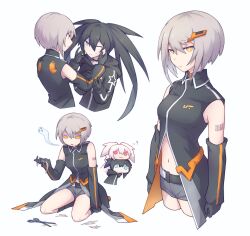 3girls absurdres belt black_choker black_hair black_jacket black_rock_shooter black_rock_shooter_(character) black_rock_shooter_(game) blue_eyes choker detached_sleeves grey_hair grey_shorts highres jacket mehyuew39 multiple_girls nana_(black_rock_shooter) orange_eyes pink_eyes scissors short_hair shorts star_(symbol) stella_(black_rock_shooter) twintails white_background white_hair white_rock_shooter