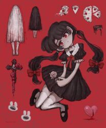 Rule 34 | 1girl, 2others, ambiguous gender, birthday cake, black footwear, black hair, blood, bow, broken heart, cake, cake slice, collared dress, commentary request, creature, cross, dress, food, frilled sleeves, frills, full body, gestart333, ghost costume, goth fashion, gothic lolita, hair bow, head tilt, heart, highres, horror (theme), light frown, loafers, lolita fashion, long hair, low twintails, multiple others, neck ribbon, no nose, original, pixiv username, pleated dress, red background, red bow, red ribbon, ribbon, shoes, short sleeves, thighhighs, twintails, white thighhighs, zettai ryouiki