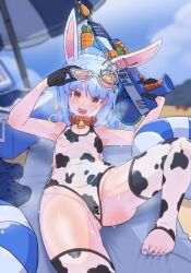 Rule 34 | 1girl, :d, animal ears, animal print, ass, bell, black gloves, blue hair, blue nails, breasts, cameltoe, censored, cleft of venus, collar, cooler, cow print, crocs, gloves, hair ornament, heart, heart censor, highres, holding, holding water gun, hololive, long hair, looking at viewer, moral cacoethes, neck bell, nipples, one-piece swimsuit, open mouth, outdoors, parasol, ponytail, rabbit ears, red eyes, see-through, shoes, unworn shoes, small breasts, smile, solo, stirrup legwear, sunglasses, swimsuit, teeth, thighhighs, toeless legwear, umbrella, usada pekora, virtual youtuber, water gun, wet