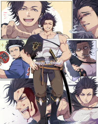 Rule 34 | 1boy, absurdres, black bulls (emblem), black capelet, black clover, black footwear, black hair, bleeding from forehead, blood, blood on face, boots, capelet, cigarette, closed mouth, facial hair, happy birthday, highres, holding, holding sword, holding weapon, katana, light frown, muscular, muscular male, nekoma hikaru, open mouth, paneled background, pointing, short hair, smile, smoking, stubble, sword, tank top, weapon, white tank top, yami sukehiro