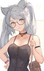 Rule 34 | 1girl, :3, animal ears, arm strap, asaikeu, bag, bare shoulders, bead bracelet, beads, black dress, bracelet, braid, braided bangs, breasts, camisole, casual, choker, closed mouth, collarbone, dress, erune, fraux, glasses, granblue fantasy, grey hair, hand on own hip, handbag, head tilt, highres, jewelry, looking at viewer, smile, solo, swept bangs, twintails, yellow eyes