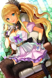 Rule 34 | 1girl, bad id, bad pixiv id, bare shoulders, belt, bird, bird on hand, black thighhighs, blonde hair, blue eyes, breasts, chair, cleavage, cross, crossed legs, ddongu, detached collar, detached sleeves, dutch angle, female focus, floral print, gloves, hand on own hip, highres, lace, lace legwear, layered skirt, long hair, patterned legwear, pleated skirt, ponytail, print thighhighs, sitting, skirt, smile, solo, striped, sword girls, thighhighs, very long hair, wavy hair