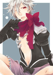 Rule 34 | 1boy, apron, armor, assassin cross (ragnarok online), black shirt, blue background, border, butterfly sitting, commentary request, frilled apron, frills, gauntlets, hair between eyes, highres, looking at viewer, male focus, navel, one eye closed, open clothes, open mouth, open shirt, pauldrons, pink apron, ragnarok online, red eyes, red scarf, scarf, shirt, short hair, shoulder armor, shy (ragnarok online), simple background, sitting, solo, teeth, torn clothes, torn scarf, waist apron, white border, white hair, yutsuki