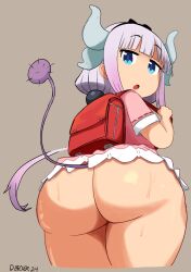 Rule 34 | 1girl, ass, ass focus, backpack, bag, blue eyes, brown background, cowboy shot, cropped legs, dimitri becker, dress, from behind, from below, horns, huge ass, kanna kamui, kobayashi-san chi no maidragon, long hair, looking back, low twintails, open mouth, pink dress, purple hair, randoseru, short dress, short sleeves, simple background, solo, standing, sweat, tail, twintails