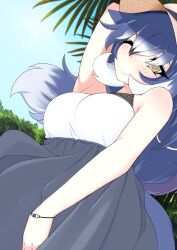 Rule 34 | 1girl, bare shoulders, blue hair, blue sky, dire wolf (kemono friends), dress, grey eyes, hat, highres, illu (illu stratos), kemono friends, long hair, looking at viewer, multicolored hair, nature, one eye closed, outdoors, skirt, sky, sleeveless, solo, summer, sundress, two-tone hair, white hair, wolf girl