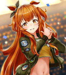 Rule 34 | 1girl, absurdres, animal ears, black ribbon, blush, bow, breasts, commentary request, confetti, crop top, dog tags, ear ribbon, finger gun, green jacket, grin, groin, hair between eyes, highres, horse ears, horse girl, jacket, long hair, long sleeves, looking at viewer, mayano top gun (umamusume), midriff, navel, open clothes, open jacket, orange hair, own hands together, ribbon, shirt, shunart., sidelocks, small breasts, smile, solo, standing, teeth, two side up, umamusume, upper body, yellow shirt