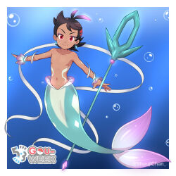 Rule 34 | 1boy, air bubble, antenna hair, bead bracelet, beads, black hair, blue background, border, bracelet, bubble, character name, closed mouth, collarbone, commentary request, creatures (company), dark-skinned male, dark skin, earrings, eyelashes, eyeshadow, full body, game freak, glowing, glowing earrings, goh (pokemon), highres, jewelry, looking at viewer, makeup, male focus, merman, monster boy, navel, nintendo, no nipples, outstretched arms, pokemon, pokemon (anime), pokemon journeys, polearm, red eyes, sara bon, smile, solo, topless male, trap, trident, underwater, weapon, white border, wrist cuffs