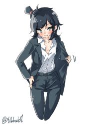 Rule 34 | &gt;:d, 10s, 1girl, :d, alternate costume, bad id, bad twitter id, belt, black hair, black hat, black jacket, black pants, breasts, cleavage, collarbone, cropped legs, earrings, ebifurya, green eyes, hat, highres, inactive account, jacket, jewelry, kantai collection, long sleeves, matsukaze (kancolle), mini hat, mini top hat, open mouth, pants, shirt, short hair, simple background, smile, solo, top hat, twitter username, v-shaped eyebrows, white background, white shirt