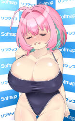 Rule 34 | 1girl, ahoge, aqua hair, bare shoulders, blush, breasts, checkered background, cleavage, closed eyes, collarbone, covered erect nipples, cowboy shot, gluteal fold, hair intakes, hand up, huge breasts, idolmaster, idolmaster cinderella girls, medium hair, multicolored hair, nagashima (nagatol), nose blush, one-piece swimsuit, partially visible vulva, pink hair, raised eyebrows, skindentation, sofmap background, solo, step and repeat, swimsuit, thigh gap, thighs, two-tone hair, yumemi riamu