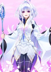 Rule 34 | 1girl, ahoge, black gloves, black pants, breasts, fate/grand order, fate/prototype, fate (series), fingerless gloves, gloves, highres, holding, holding staff, long hair, long sleeves, looking at viewer, medium breasts, merlin (fate/prototype), merlin (fate/prototype) (second ascension), open mouth, pants, petals, pink background, purple eyes, robe, smile, sora (men0105), staff, thighs, very long hair, white hair, white robe, wide sleeves