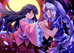 Rule 34 | 2girls, backlighting, black bow, black hair, blood, blood on clothes, blood on face, blue eyes, bow, braid, cross, e.o., eye contact, frilled sleeves, frills, full moon, hair bow, hat, hime cut, holding, houraisan kaguya, long hair, long sleeves, looking at another, moon, multiple girls, nurse cap, ponytail, puffy short sleeves, puffy sleeves, red cross, red eyes, sash, short sleeves, silver hair, single braid, smile, tears, touhou, wide sleeves, wind, yagokoro eirin