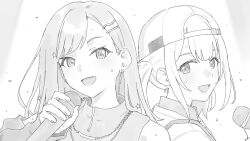 2girls :d azusawa_kohane backwards_hat baseball_cap blush clothing_cutout collared_shirt earrings flying_sweatdrops greyscale hair_ornament hairclip hat highres holding holding_microphone jewelry long_hair long_sleeves looking_to_the_side microphone mikazuchi_zeus monochrome multiple_girls necklace open_mouth project_sekai shiraishi_an shirt shoulder_cutout smile star_(symbol) star_hair_ornament sweat turtleneck twintails