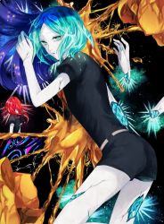 Rule 34 | 2others, amputee, androgynous, bad id, bad pixiv id, black background, black neckwear, blue hair, cinnabar (houseki no kuni), crack, disembodied hand, facing away, gem uniform (houseki no kuni), green eyes, green hair, highres, houseki no kuni, looking at viewer, mm0905, multicolored hair, multiple others, nail polish, necktie, open mouth, phosphophyllite, red hair, short hair, short sleeves, shorts, solo focus, spoilers, uniform