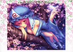 Rule 34 | 1girl, absurdres, bare legs, bare shoulders, blush, bobby socks, breasts, bug, butterfly, butterfly on hand, cherry blossoms, cleavage, female focus, fingernails, hat, highres, in tree, insect, japanese clothes, kimono, large breasts, legs, lying, nail art, nail polish, no bra, on stomach, open clothes, open kimono, open robe, petals, pink eyes, pink hair, robe, saigyouji yuyuko, sandals, sayori (neko works), short hair, smile, socks, solo, tabi, touhou, tree, triangular headpiece