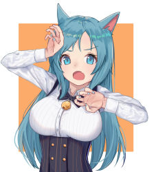 Rule 34 | 1girl, :o, animal ears, bell, black bow, black bowtie, blue eyes, blue hair, blue nails, bow, bowtie, breasts, buttons, cat ears, cat girl, collarbone, collared shirt, dress shirt, fang, frown, hand up, highres, itachi kanade, jingle bell, large breasts, long hair, long sleeves, looking at viewer, nail polish, open mouth, orange background, original, parted bangs, shirt, skin fang, solo, striped clothes, striped shirt, two-tone background, underbust, upper body, v-shaped eyebrows, white background, white shirt
