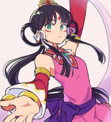 Rule 34 | 1girl, ace attorney, black hair, bracelet, closed mouth, commentary request, commission, detached sleeves, dress, facial mark, flat chest, green eyes, highres, jewelry, long hair, necklace, nono (norabi), phoenix wright: ace attorney - spirit of justice, pink dress, rayfa padma khura&#039;in, skeb commission, solo, white background