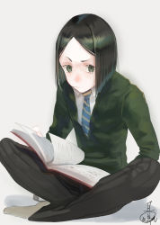 Rule 34 | 1boy, :/, black pants, blue necktie, board game, bob cut, book, book on lap, closed mouth, collared shirt, commentary request, fate/zero, fate (series), forehead, full body, go (board game), green eyes, green hair, green sweater, holding, holding book, indian style, looking at viewer, male focus, mizutame tori, necktie, open book, pants, parted bangs, raised eyebrow, shirt, sideways mouth, signature, simple background, sitting, socks, solo, straight hair, sweater, waver velvet, white shirt, white socks, wing collar