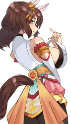 Rule 34 | 1girl, absurdres, animal ears, aqua eyes, bare shoulders, black pantyhose, breasts, brown hair, clothing cutout, commentary, cowboy shot, detached sleeves, dress, ear covers, from behind, hair ornament, highres, holding, holding strap, horse ears, horse girl, horse tail, inari one (fields of gold) (umamusume), inari one (umamusume), large breasts, long sleeves, medium hair, official alternate costume, official alternate hairstyle, pantyhose, pirukusu, sideboob, smile, solo, tail, tail through clothes, twintails, umamusume, white dress