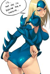 Rule 34 | 1girl, adjusting clothes, adjusting leotard, arm warmers, armor, ass, blonde hair, blue eyes, blue thighhighs, breasts, capcom, cowboy shot, embarrassed, english text, forehead protector, from side, half-closed eyes, highres, iggler, leaning forward, leotard, liar, lies, long hair, looking at viewer, looking back, mizuki (punisher), ninja, parted lips, pauldrons, punisher (capcom), raised eyebrows, shoulder armor, sideboob, simple background, solo, speech bubble, spikes, the punisher, thighhighs, transparent background, tsundere, vambraces, white background