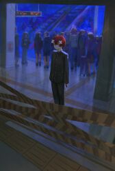 Rule 34 | 1boy, abstract, absurdres, androgynous, black pants, black suit, block (object), blunt bangs, bowl cut, escalator, formal, full body, green eyes, hair ornament, highres, holding, holding knife, indoors, knife, kyano (kyanora3141), original, pants, red hair, sign, sleeves past wrists, solo focus, standing, suit, tactile paving, tile floor, tiles, x hair ornament