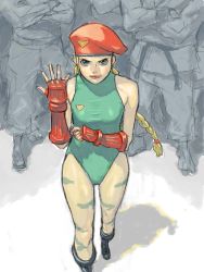 Rule 34 | 1girl, beret, blonde hair, blue eyes, braid, breasts, cammy white, crossed arms, fingerless gloves, gloves, hat, leotard, long hair, mana30row, multiple boys, partially colored, scar, small breasts, solo focus, street fighter, twin braids