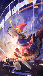 Rule 34 | 1girl, absurdres, ahoge, ankle boots, bag, black bow, blonde hair, boots, bow, broom, broom riding, capelet, dripping, hair bow, happyongdal, hat, highres, kneehighs, long hair, looking at viewer, night, night sky, original, paint can, paint splatter, paintbrush, petticoat, satchel, sky, smile, socks, solo, twintails, white socks, witch, witch hat
