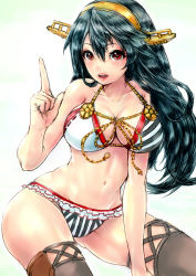 Rule 34 | 10s, 1girl, adapted costume, bikini, black hair, breasts, cleavage, curvy, ha to mi, hairband, haruna (kancolle), kantai collection, large breasts, long hair, red eyes, solo, swimsuit, thighhighs