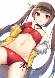 Rule 34 | 1girl, :&lt;, ?, alexmaster, azur lane, bare shoulders, bikini, black neckwear, black ribbon, blunt bangs, blush, breasts, brown hair, choker, commentary request, dutch angle, fur-trimmed jacket, fur trim, gloves, gluteal fold, hair ornament, halterneck, highres, jacket, long hair, looking at viewer, navel, off shoulder, parted lips, ping hai (azur lane), ping hai (summer vacation) (azur lane), red bikini, red eyes, red gloves, ribbon, ribbon-trimmed bikini, ribbon trim, sidelocks, simple background, small breasts, solo, swimsuit, triangle mouth, twintails, very long hair, visor cap, white background, yellow jacket