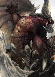 Rule 34 | absurdres, arm up, claws, darklo, debris, dragon, dragon horns, dragon wings, highres, horns, huge horns, incoming attack, looking at viewer, monster, monster focus, monster hunter (series), motion lines, nergigante, no humans, open mouth, outdoors, rock, scales, sharp teeth, slit pupils, solo, spiked wings, spikes, teeth, wings, yellow eyes