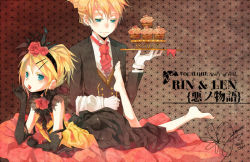 Rule 34 | 1boy, 1girl, aku no musume (vocaloid), allen avadonia, barefoot, blonde hair, blue eyes, brother and sister, cherry, cupcake, draa, dress, elbow gloves, evillious nendaiki, feet, flower, food, fruit, gloves, hair ornament, hairband, hairclip, kagamine len, kagamine rin, lying, mouth hold, on stomach, ponytail, riliane lucifen d&#039;autriche, rose, short hair, siblings, tray, twins, vocaloid