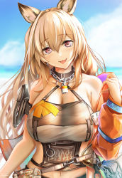 Rule 34 | 1girl, animal ears, arknights, bad id, bad pixiv id, bag, bare shoulders, blurry, blurry background, breasts, brown eyes, ceobe (arknights), ceobe (summer flowers) (arknights), chain, chain necklace, coat, commentary request, dog ears, dog girl, highres, jewelry, large breasts, navel, necklace, official alternate costume, open clothes, open coat, open mouth, orange hair, sky, smile, solo, swimsuit, yokaze (yokajie)