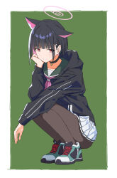 Rule 34 | 1girl, animal ears, black hair, black jacket, blue archive, brown pantyhose, cat ears, closed mouth, colored inner hair, expressionless, extra ears, full body, hair ornament, hairclip, halo, head rest, highres, hood, hood down, hooded jacket, jacket, kazusa (blue archive), long sleeves, looking at viewer, miniskirt, multicolored hair, neckerchief, pantyhose, pendant choker, pink neckerchief, red eyes, sailor collar, shoes, short hair, skirt, sneakers, solo, squatting, white skirt, yu yin
