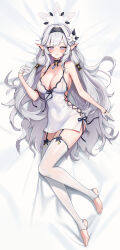 Rule 34 | 1girl, absurdres, alternate breast size, bed sheet, black hairband, blue archive, blush, closed mouth, collarbone, dress, flower, full body, gloves, grey hair, grey halo, hair flower, hair ornament, hair tubes, hairband, halo, highres, himari (blue archive), hovaku, long hair, mole, mole under eye, pointy ears, purple eyes, smile, solo, stirrup legwear, striped clothes, striped hairband, thighhighs, toeless legwear, toes, white dress, white flower, white gloves, white thighhighs