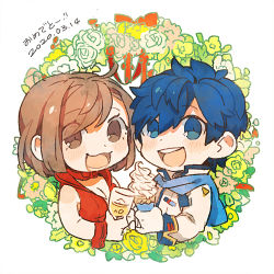 Rule 34 | 1boy, 1girl, 8&#039;108, alcohol, bare shoulders, beer, beer mug, blue eyes, blue hair, blue scarf, brown eyes, brown hair, chibi, coat, collar, commentary, congratulations, cup, dated, flower, flower wreath, food, holding, holding cup, holding food, ice cream, kaito (vocaloid), kaito (vocaloid3), lowres, meiko (vocaloid), meiko (vocaloid3), mug, open mouth, pink flower, red collar, red ribbon, red shirt, ribbon, rose, scarf, shirt, side-by-side, sleeveless, sleeveless shirt, smile, soft serve, upper body, vocaloid, white coat, white flower, white rose, wreath, wrist cuffs, yellow flower