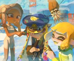 Rule 34 | 1boy, 3girls, ^ ^, agent 3 (splatoon), agent 4 (splatoon), agent 8 (splatoon), bare shoulders, black pants, blonde hair, blue hat, bodysuit, cap&#039;n cuttlefish, cloak, closed eyes, colored tongue, commentary request, covered navel, dark-skinned female, dark skin, dmwggg, dried squid, drooling, finger to mouth, floating, furrowed brow, grey choker, grey eyes, grey hair, grey shirt, half-closed eyes, hand on own cheek, hand on own face, hat, head rest, headphones, highres, inkling, jacket, layered shirt, long hair, looking at another, medium hair, multiple girls, nintendo, old, old man, orange eyes, pants, peaked cap, shirt, sitting, sleeping, sleeveless, sleeveless bodysuit, splatoon (series), splatoon 3, splatoon 3: side order, squidbeak splatoon, standing, sticker, sticker on face, sticker on leg, suction cups, tentacle hair, too many stickers, torn cloak, torn clothes, twintails, white bodysuit, yellow jacket, yellow tongue