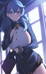 Rule 34 | 1girl, absurdres, ako (blue archive), belt, bintz, black gloves, blue archive, blue eyes, blue hair, blue jacket, breasts, cowboy shot, framed breasts, garter straps, gloves, hairband, highres, holding, index finger raised, indoors, jacket, long hair, long sleeves, looking at viewer, shirt, sideboob, smile, solo, standing, white shirt, wrist cuffs