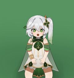 Rule 34 | 1girl, cape, cross-shaped pupils, dress, flasso, genshin impact, gradient hair, green background, green cape, green eyes, green hair, hair ornament, highres, just do it (meme), leaf hair ornament, looking at viewer, meme, multicolored hair, nahida (genshin impact), open mouth, side ponytail, simple background, solo, symbol-shaped pupils, white dress, white hair