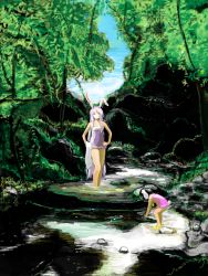 Rule 34 | 2girls, animal ears, rabbit ears, female focus, forest, hands on own hips, inaba tewi, long hair, multiple girls, nature, oimoimomo, reisen udongein inaba, river, standing, touhou, tree, very long hair