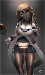 Rule 34 | 1girl, absurdres, ammunition pouch, bad id, bad pixiv id, black panties, blood, blood on face, blood on shoulder, blood splatter, blush, breasts, brown eyes, brown hair, camisole, cleavage, coat, collarbone, cowboy shot, dated, detached collar, empty eyes, girls&#039; frontline, hair between eyes, hair ornament, hair ribbon, hairclip, head tilt, highres, k2 (girls&#039; frontline), long hair, long sleeves, looking at viewer, maron (kuri), medium breasts, midriff, navel, one side up, open clothes, open coat, open mouth, panties, panties under pantyhose, pantyhose, pouch, ribbon, shaded face, shovel, signature, smile, solo, standing, thighband pantyhose, thighs, underwear, very long hair, worktool, yandere