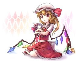 Rule 34 | 1girl, ascot, bad id, bad twitter id, blonde hair, character doll, crop top, crystal, flandre scarlet, frilled skirt, frills, full body, gradient background, hat, hat ribbon, looking at viewer, midriff, minust, mob cap, navel, pointy ears, red eyes, remilia scarlet, ribbon, short sleeves, side ponytail, sitting, skirt, slit pupils, smile, solo, touhou, vest, wings