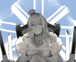 Rule 34 | 1girl, blue background, braid, closed mouth, commentary request, crown, dress, french braid, fur-trimmed dress, fur trim, gloves, greyscale, interlocked fingers, jewelry, kantai collection, kitamura hato, long hair, looking at viewer, mini crown, monochrome, necklace, off-shoulder dress, off shoulder, rigging, simple background, solo, spot color, throne, upper body, warspite (kancolle)